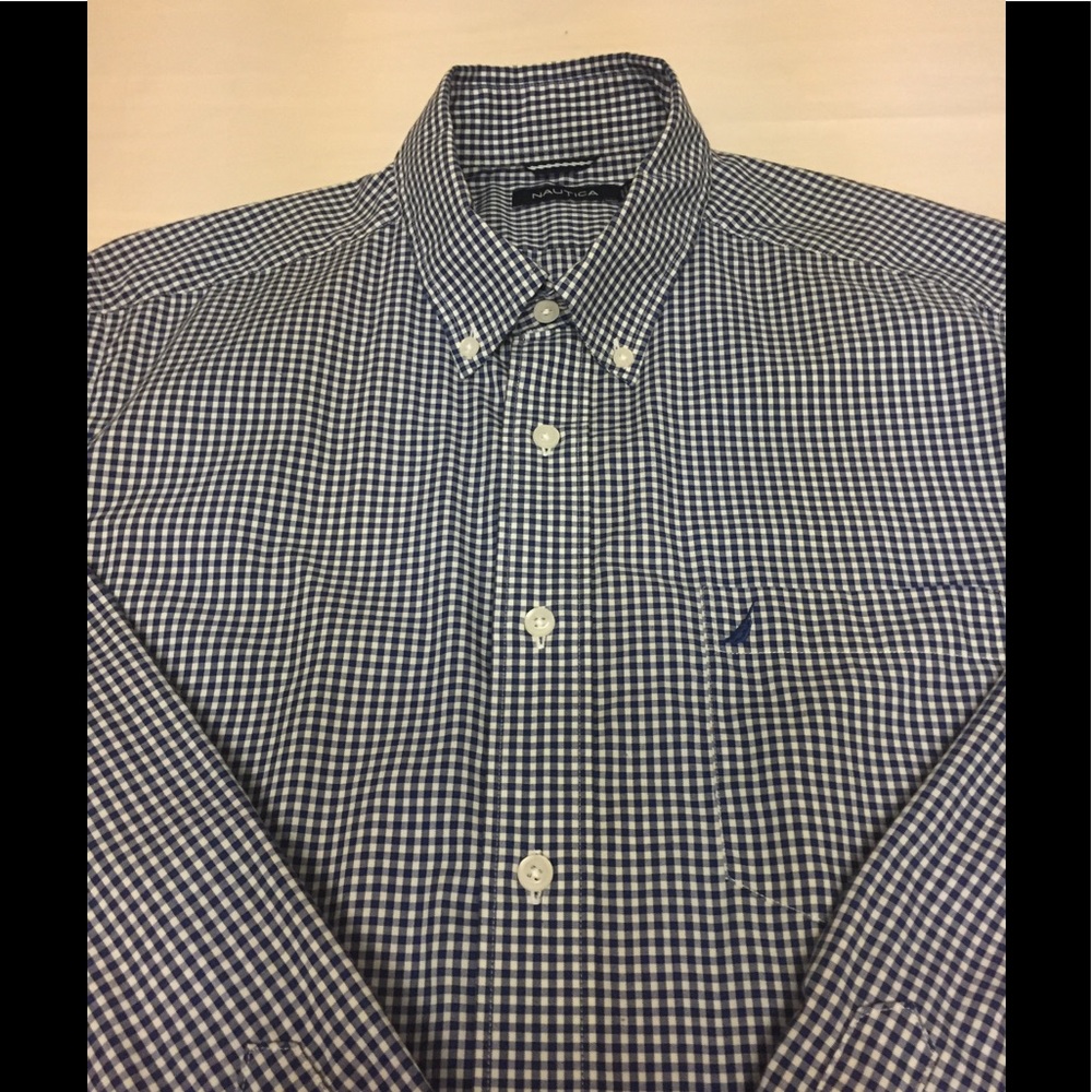 Nautica navy gingham dress shirt.